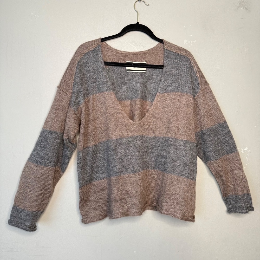 By Malene Birger Mohair V Neck Oversized Sweater Sz XL neutral striped Cozy BOHO